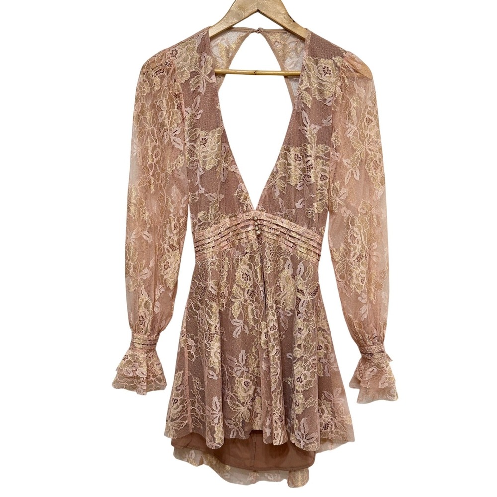 For Love & Lemons Lace Mini Dress Womens M Rose Gold Backless Deep V Fairy Party